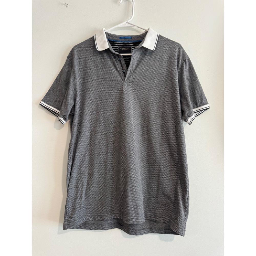 Denim & Flower Ricky Singh Polo Shirt Mens L Grey Contrast Collar Striped Trim